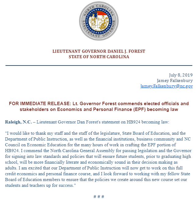 Lieutenant Governor Dan Forest’s statement on HB924 becoming law.